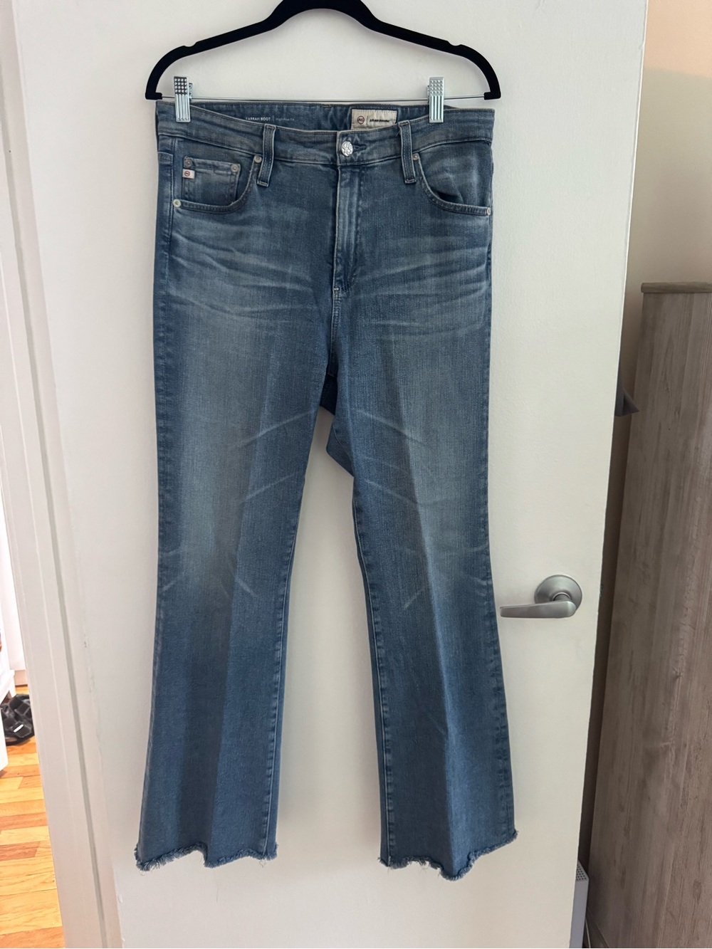 Ag Adriano Goldschmied Washed Blue Wide Leg Jeans with Frayed Hem